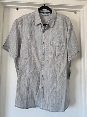 NEW Men Cubavera Linen Cotton Button Short Sleeve Shirt Size M Slim Gray Stripe